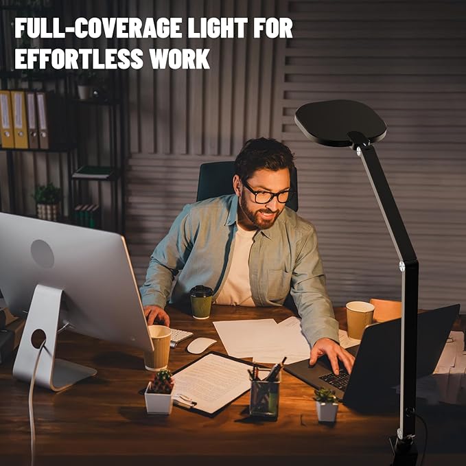Led Desk Lamps for Home Office, Eye-Care Architect Light with Clamp, Dimmable Zoom Lighting with 3 Color Modes & 10 Brightness, Smart Computer Ring Light for Video Calls, Conference, Reading-DeskoryOffice
