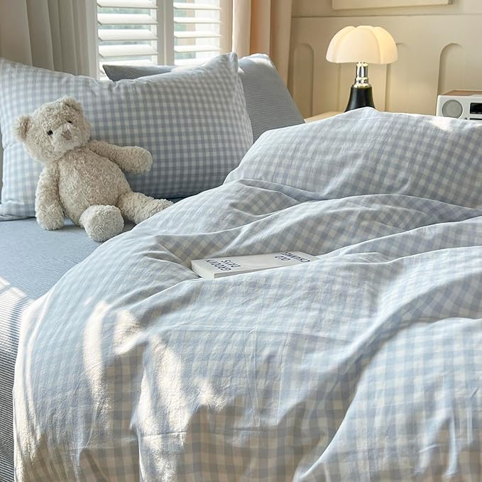 mixinni Light Blue Gingham Duvet Cover Set Queen Size - Image 6