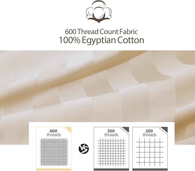 Twin Size Striped Fitted Sheet Only Beige Color, 100% Egyptian Cotton 600 - Image 3