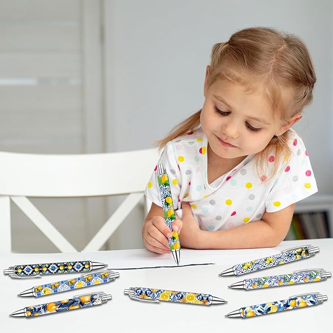 Capri Lemon Pens Set – Mediterranean-Inspired Ballpoint Pens for Girls, Students, and Stationery Lovers – Smooth Writing Pens for School, Journaling, or Gifts – Bright and Elegant Design, 8 Pack-DeskoryOffice