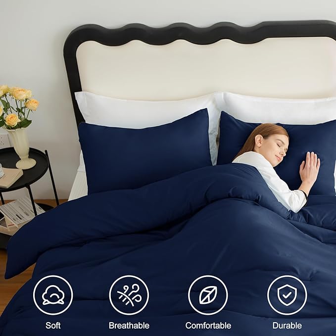 CozyLux California King Comforter Set Navy Blue, 3 Pieces Cal King Solid - Image 5