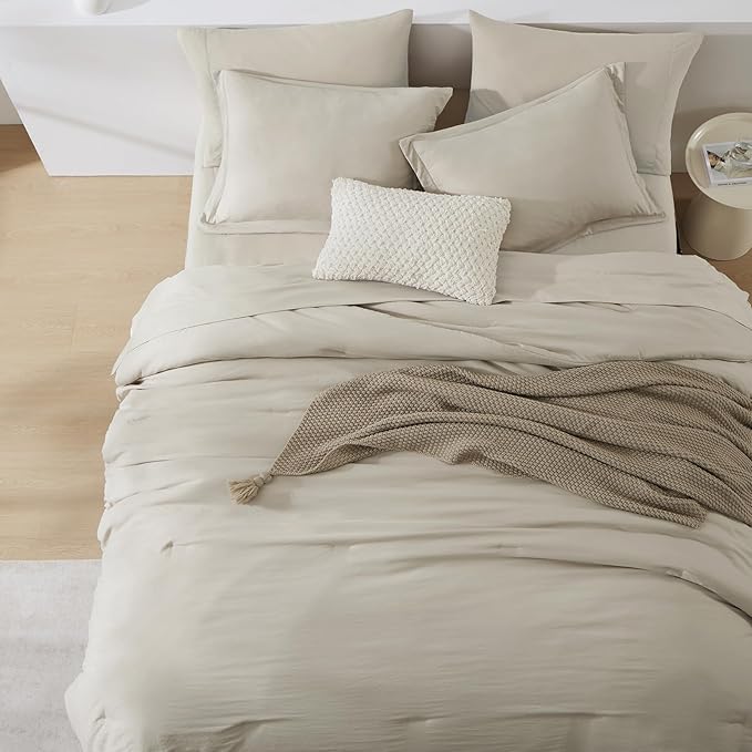 WRENSONGE Light Oatmeal Super King Plus Comforter Set, 7 Pieces Soft Microfiber - Image 5