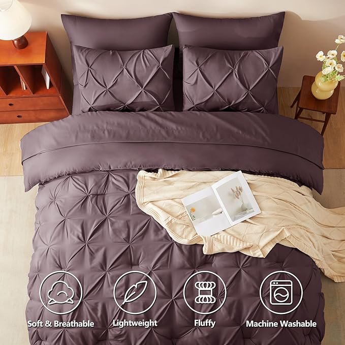 CozyLux Queen Comforter Set Cocoa Powder, 7 Pieces Pintuck Bed in A Bag - Image 2