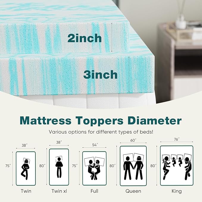 Sweetcrispy Mattress Topper Queen, Memory Foam 2 Inch Thick Gel Infused Cooling - Image 2