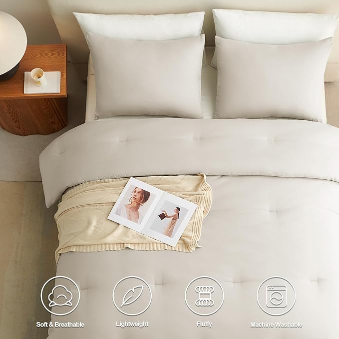CozyLux Oversized Queen Comforter Set Beige, 3 Pieces 98x98 Solid Breathable - Image 3
