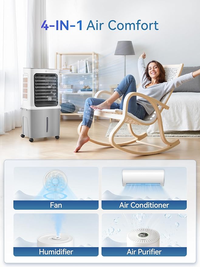 10 Gal Evaporative Air Cooler, 3000CFM Quiet Portable Air Conditioners, 35" Fast Cooling Swamp Cooler, 120° Oscillation, 12H Timer, 3 Speeds & Modes Remote Control for Living Room|Bedroom|Garage-DeskoryOffice