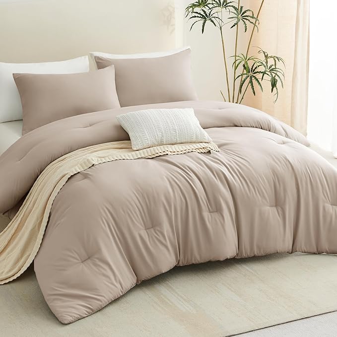 CozyLux Full Size Comforter Set Wheat, 3 Pieces Solid Breathable Quilted - Image 8