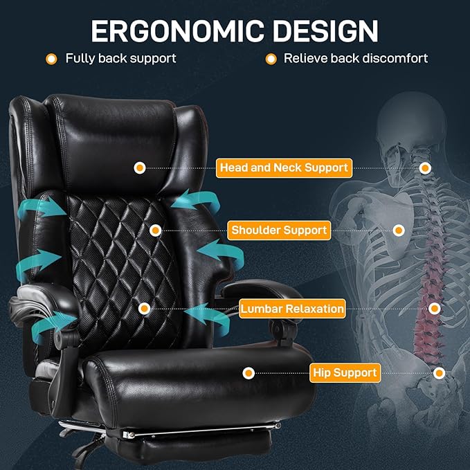 500 LBS Big and Tall Office Chair with Foot Rest High Back Recline Ergonomic Chair for Heavy People, Executive Office Chair Comfortable for Home Office, Large Computer Desk Chair Black-DeskoryOffice