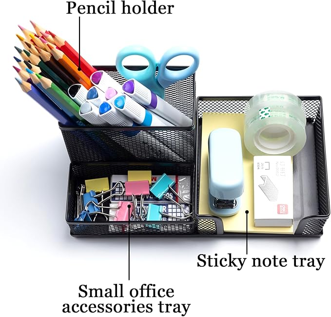 4 Pieces Mesh Pen Holder Desk Organizers and Accessories for Deskop Organizer,3 Compartments Black Pencil Holder for Office Supplies,Gifts for Colleague-DeskoryOffice