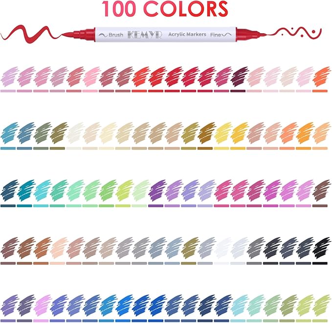 100 Colors Brush & Fine Tip Acrylic Paint Pens, Dual Tip Acrylic Paint Markers for Paper, Wood, Canvas, Stone, Rock, Glass, Fabric, DIY, Ceramic, Art Supplies for Kids and Adults Drawing-DeskoryOffice