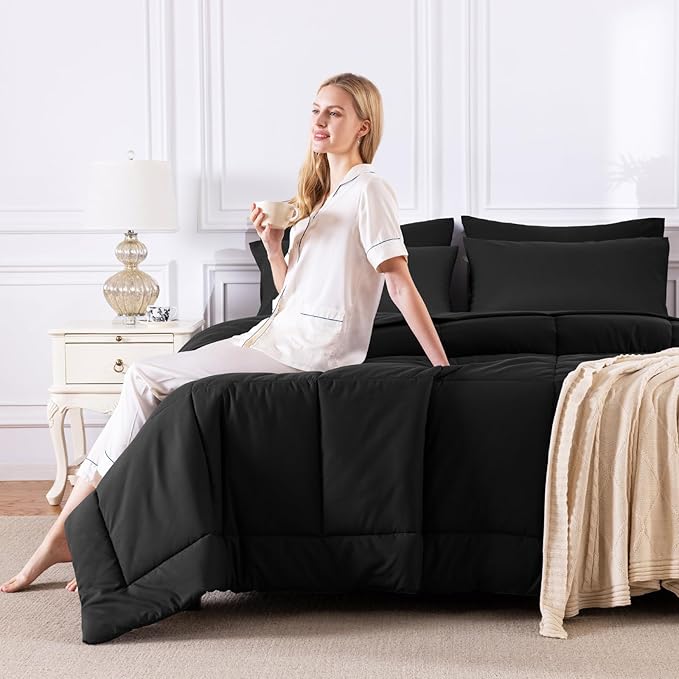 CozyLux Queen Comforter Set Black, 7 Pieces Bed in a Bag, All Season Bedding - Image 7
