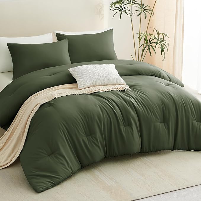 CozyLux Full Size Comforter Set Olive Green, 3 Pieces Solid Breathable Quilted - Image 9