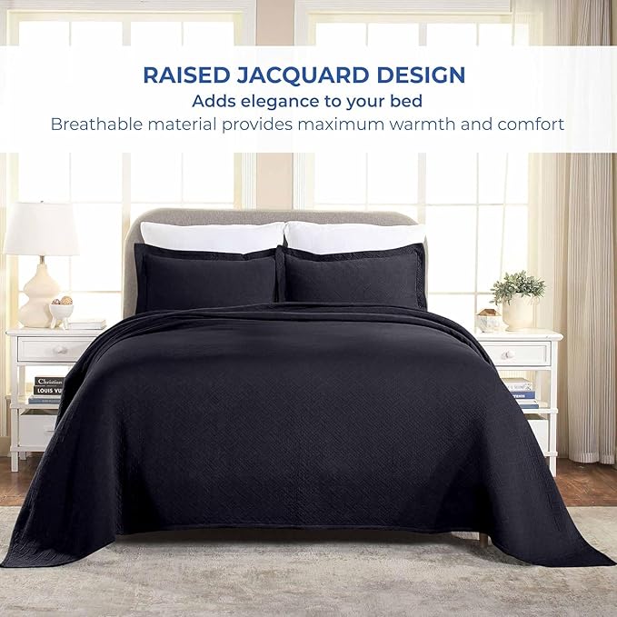 Superior 2 Piece Basketweave Cotton Bedspread Set, Home Bed Decor, Decorative Bed Spread, 1 Pillow Sham, Medium Weight Blanket, Matelasse Coverlet Bedding, Geometric Lattice Pattern, Twin, Navy Blue