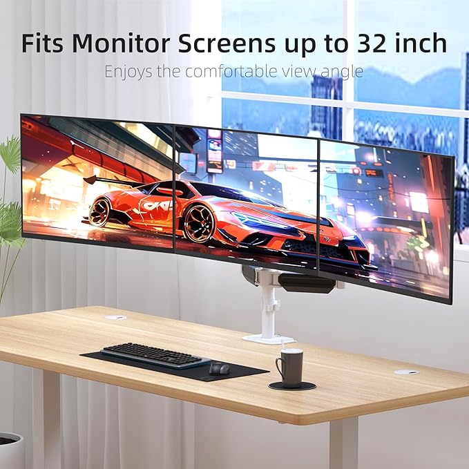 suptek Triple Monitor Mount for Most 17 to 32 inch Screens,Gas Springs Adjustment Triple Monitor Desk Mount Stand with Clamp & Grommet Kit,White(MD8003W)-DeskoryOffice