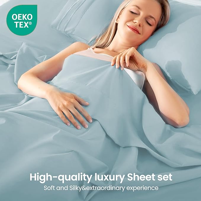 ROSE&RISY Light Blue Sheet Set, 4 Pieces Soft Bedding Queen Sheet Set, - Image 2