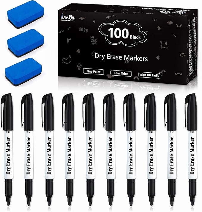 100 Bulk Pack Black Whiteboard Markers with 3 Erasers, Fine Point Dry Erase Markers Perfect For Writing on Dry-Erase Boards, Glass for School Office Home-DeskoryOffice