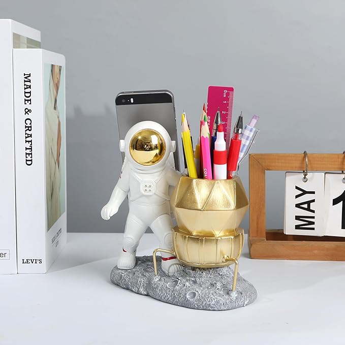 Astronaut Pen Pencil Holder with Phone Stand Resin Spaceman Pencil Holder Desk Pen Holder Organizer Decorative Accessories Suitable Office Classroom Home Creative Gifts for Adults and Kids-DeskoryOffice