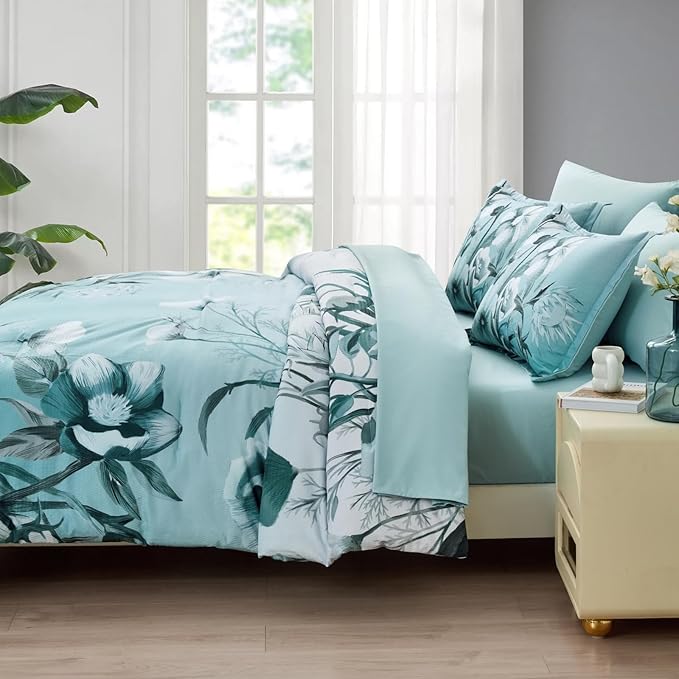 Luxudecor Floral Comforter Set Twin Size 7 Piece, Aqua Flower Bed in a Bag - Image 5