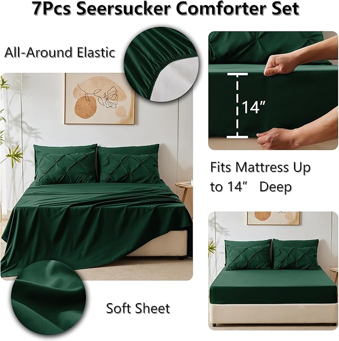 CozyLux King Size Comforter Set Emerald Green, 7 Pieces Pintuck Bed in A Bag - Image 6