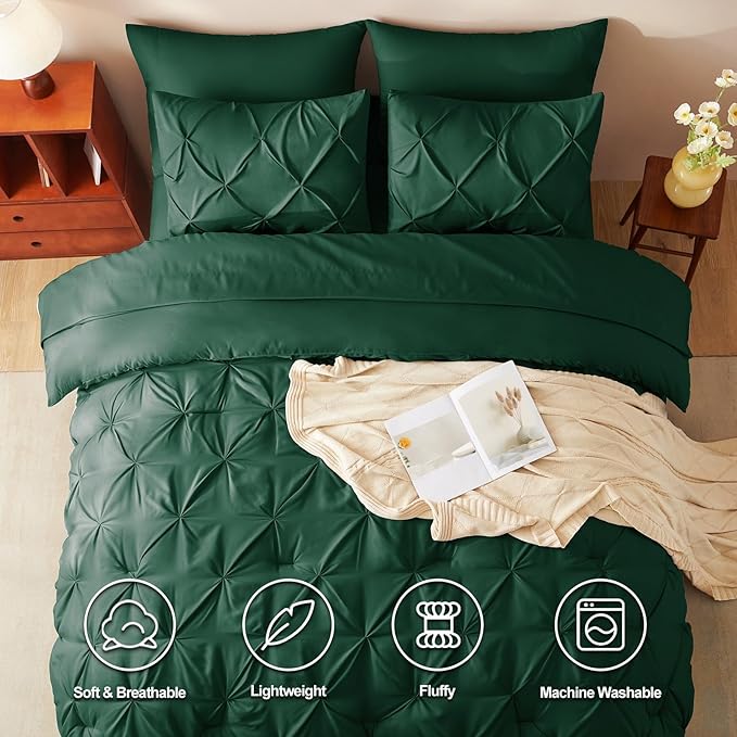 CozyLux King Size Comforter Set Emerald Green, 7 Pieces Pintuck Bed in A Bag - Image 2