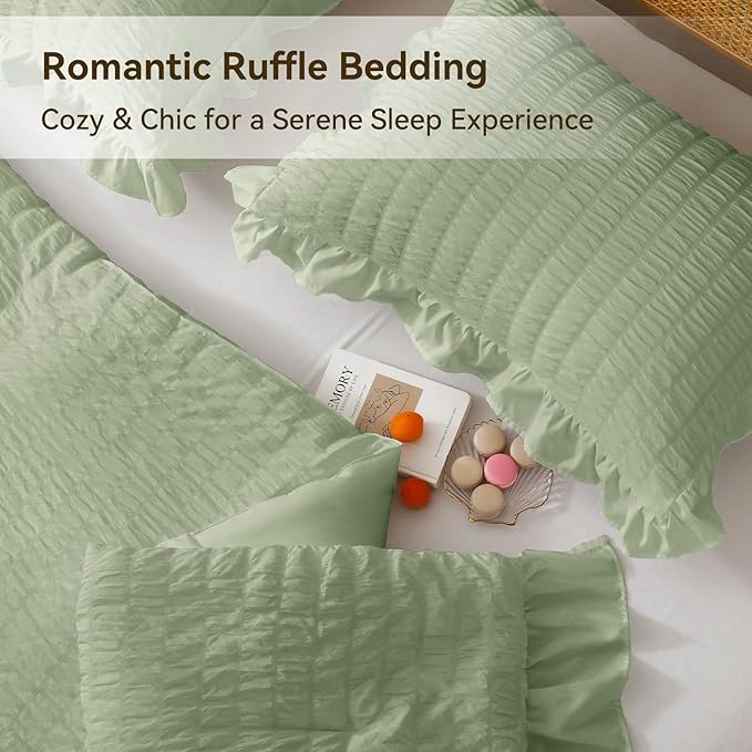JOLLYVOGUE Sage Green Comforter Full Size, 3 Pieces Seersucker Lightweight Full - Image 4