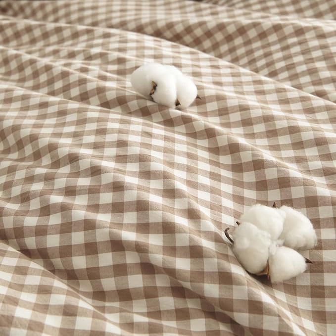 Nayoroom Gingham Duvet Cover Full Size 100% Washed Cotton Brown Tan Plaid - Image 5