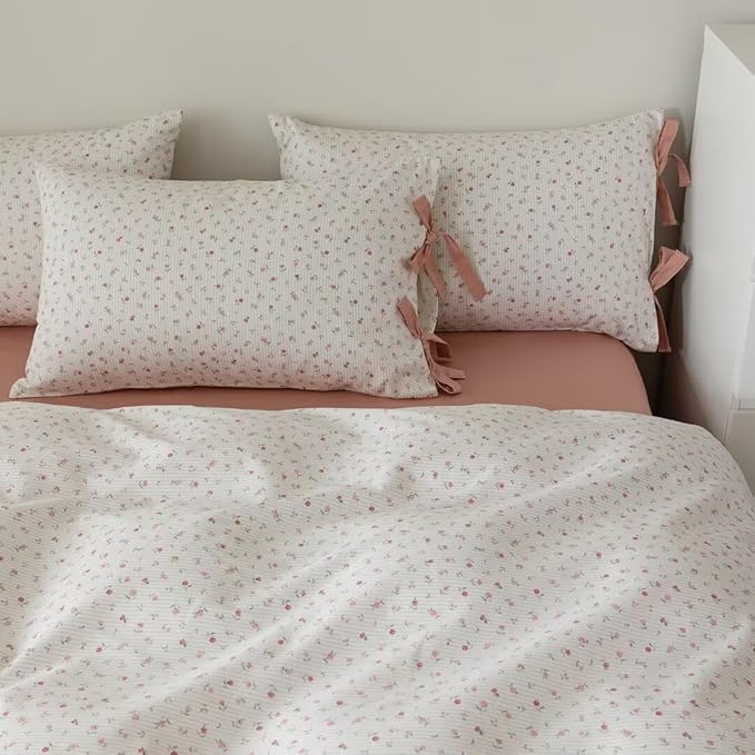 MKXI Cute Bow Tie & Pink Flower Stripes Duvet Cover Twin Size Cotton Bedding Set - Image 7