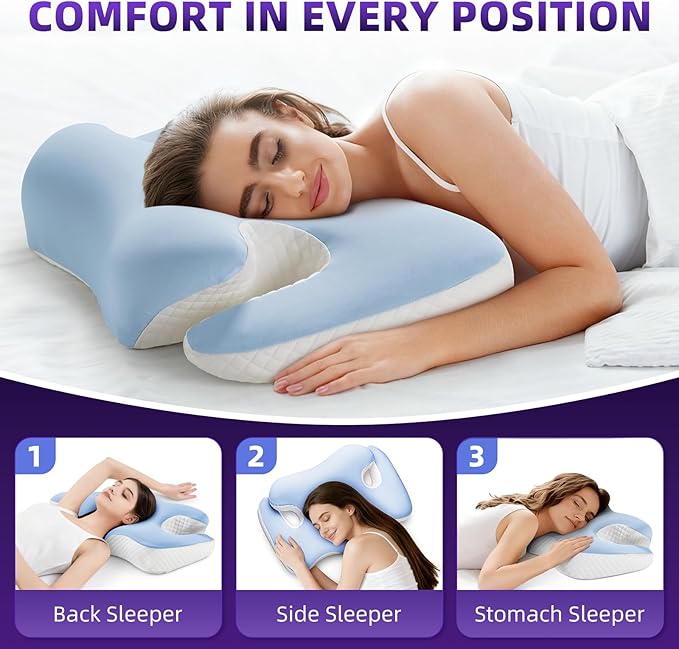 Cervical Neck Pillow for Sleeping,Ergonomic Memory Foam Pillows for Neck and Shoulder Pain Relief,Adjustable Contour Neck Support Bed Pillow for Side Back Sleepers-Women Men Gift(Baby Blue)