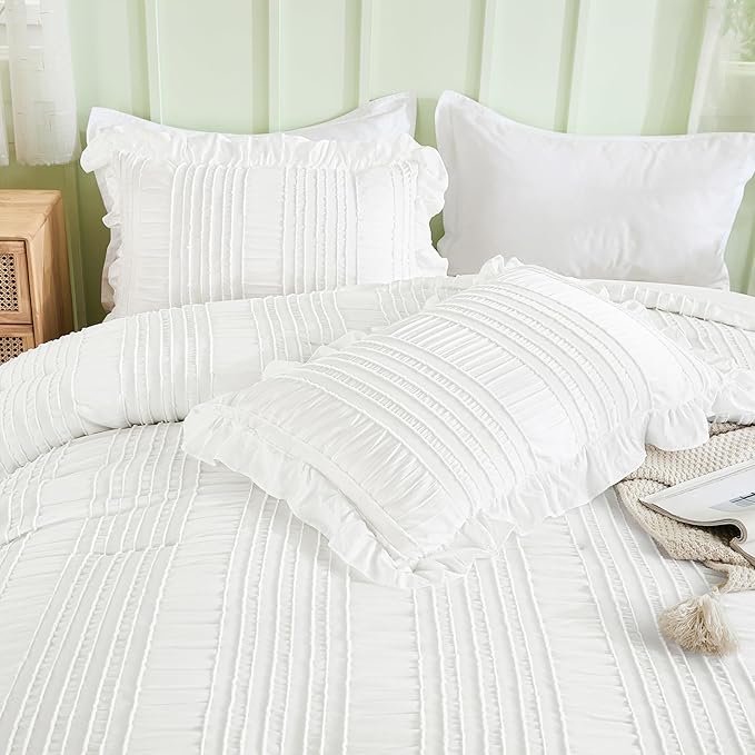 WONGS BEDDING White Queen Comforter Set, Boho Ruffle Comforter - Image 6