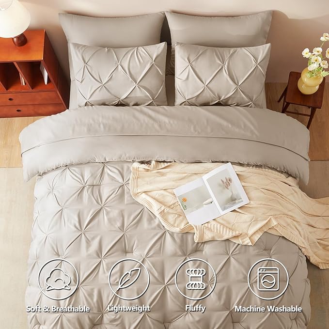CozyLux Queen Comforter Set Wheat, 7 Pieces Pintuck Bed in A Bag, Premium Wheat - Image 2