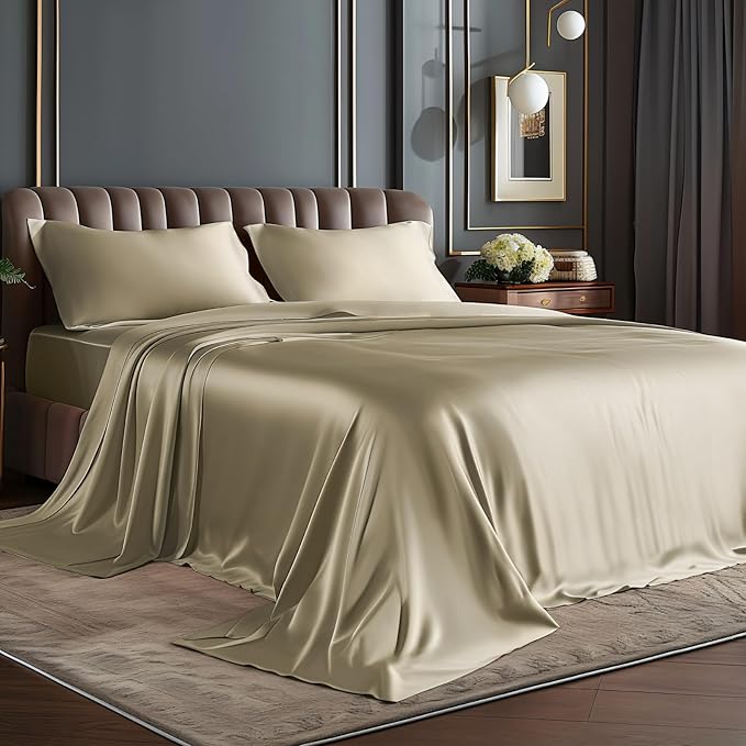 BEDELITE Satin Sheets Twin Size Bed Set, Luxury Soft Taupe Silky Sheets by BEDELITE