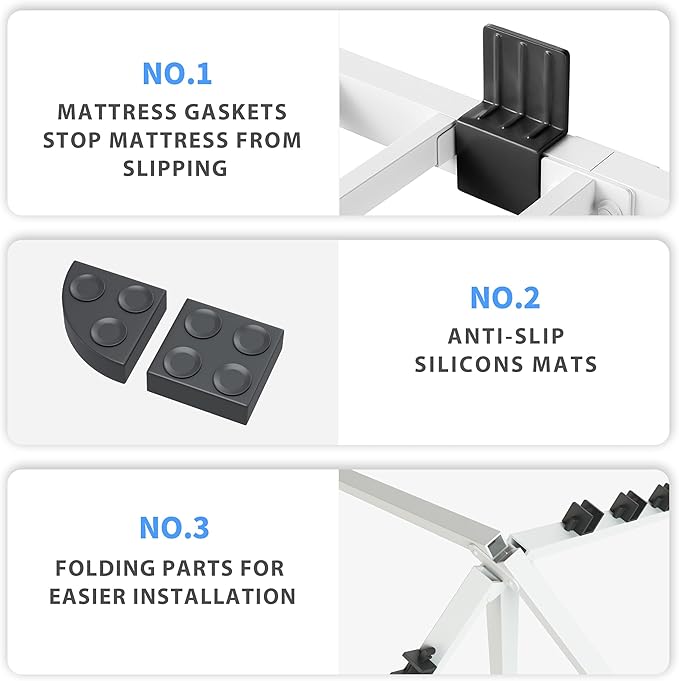 10 Inch White Queen Bed Frame, 3500Lbs Heavy Duty Metal Platform with Round Corner Legs Mattress Slide Stopper, Steel Slat Support No Box Spring Needed, Noise Free, Non-Slip, Easy Assembly