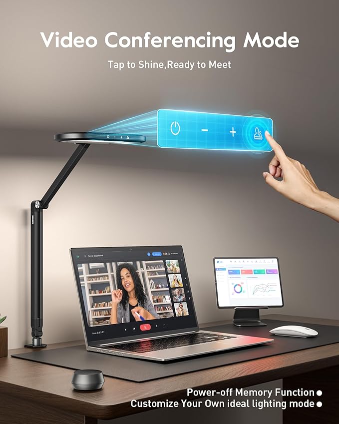 Desk Lamp for Home Office, Eye-Care Dual-Sided Seamless Dimmable LED Desk Light with Knob Remote, Adjustable Arm Clamp Computer Lighting for Video Conference Recording, Zoom Call, Task, Stream-DeskoryOffice
