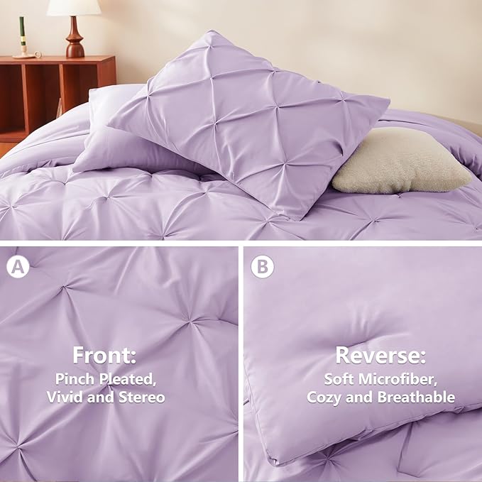 HIMEET Pintuck Bed in a Bag, 7 Pieces King Size Comforter Set Lavender - Image 3