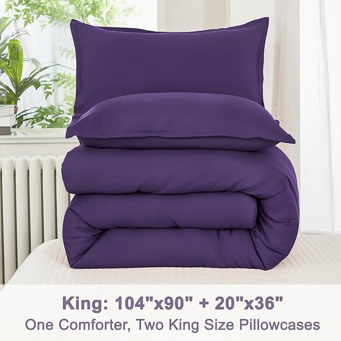 Litanika Dark Violet Purple Comforter Set King Size, 3 Pieces Lightweight Solid - Image 8