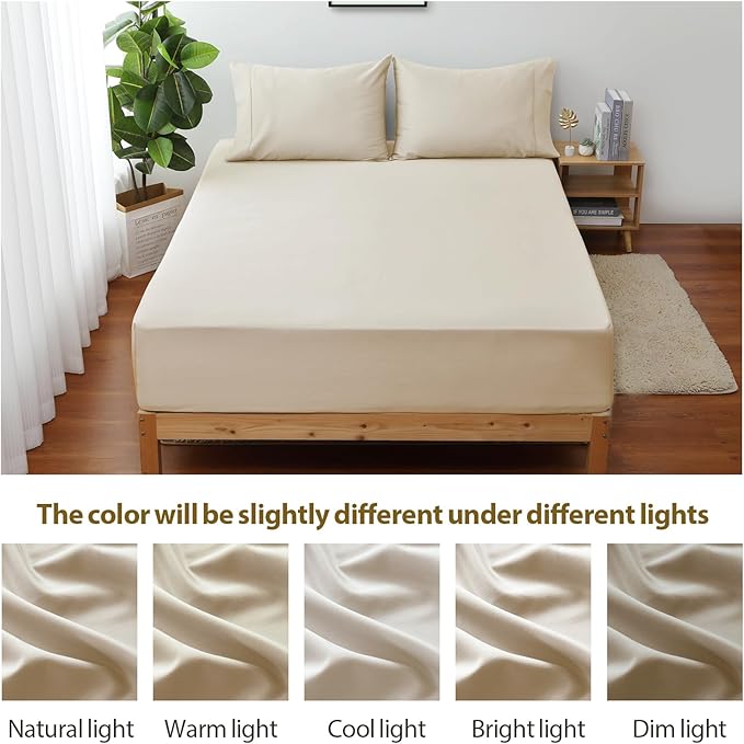 Twin XL Size Fitted Sheet Only Beige, 100% Egyptian Cotton 600 Thread Count - Image 7