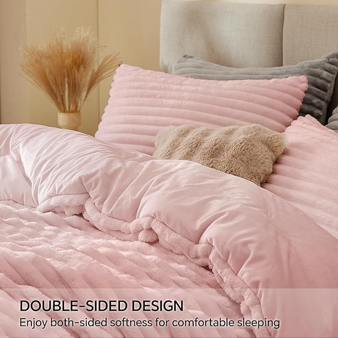 BEDELITE Fleece Queen Comforter Set -Super Soft & Warm Fluffy Pink Bedding - Image 4