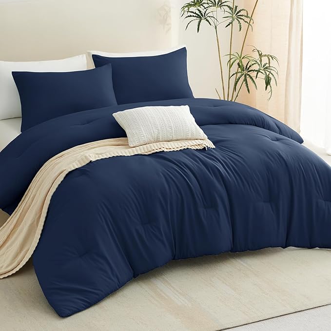 CozyLux California King Comforter Set Navy Blue, 3 Pieces Cal King Solid - Image 8