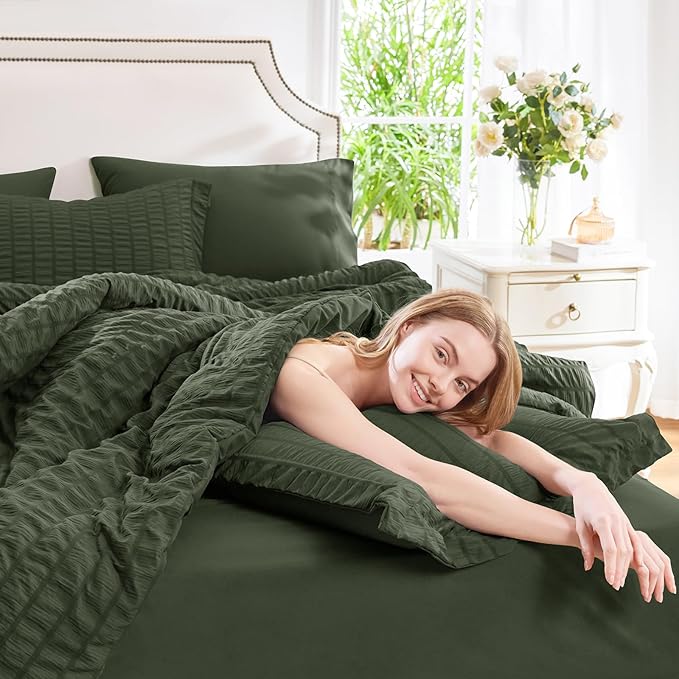 CozyLux Queen Comforter Set Dark Green Seersucker 7 Pieces Bed in a Bag Queen - Image 3