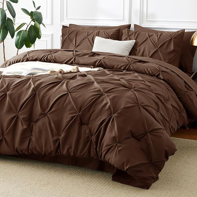 CozyLux Full Size Comforter Sets Brown, 7 Pieces Pintuck Bed in A Bag Brown by CozyLux