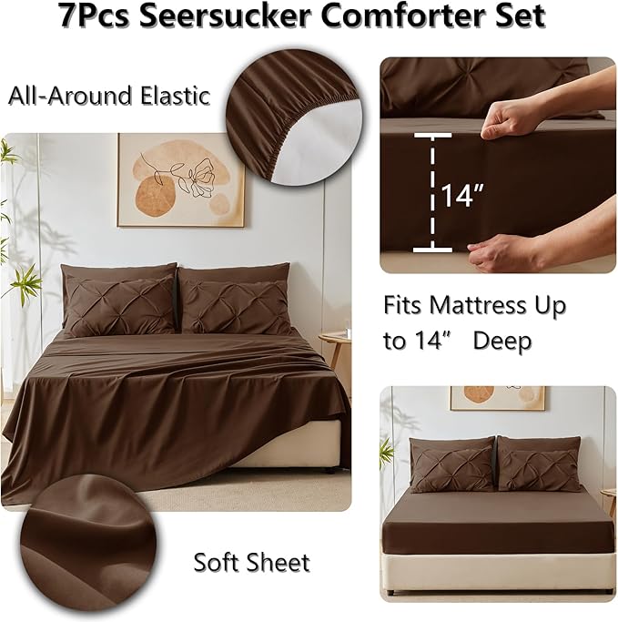 CozyLux Queen Comforter Set Brown, 7 Pieces Pintuck Bed in A Bag, Premium Brown - Image 6