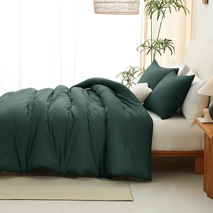 CozyLux Full Size Comforter Set Forest Green, 3 Pieces Solid Breathable Quilted - Image 9