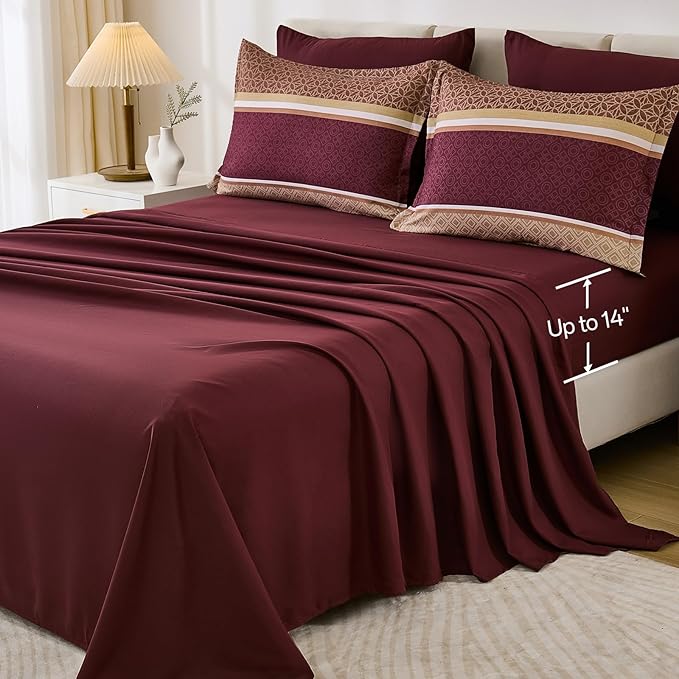 WONGS BEDDING Burgundy Comforter Set Queen Size, 7 Pieces Maroon Striped Bed in - Image 6
