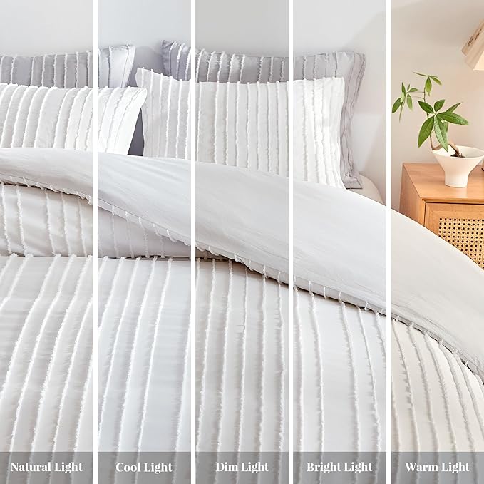 WARMDERN White Boho Duvet Cover Set King Size, Striped Textured Duvet Cover - Image 7