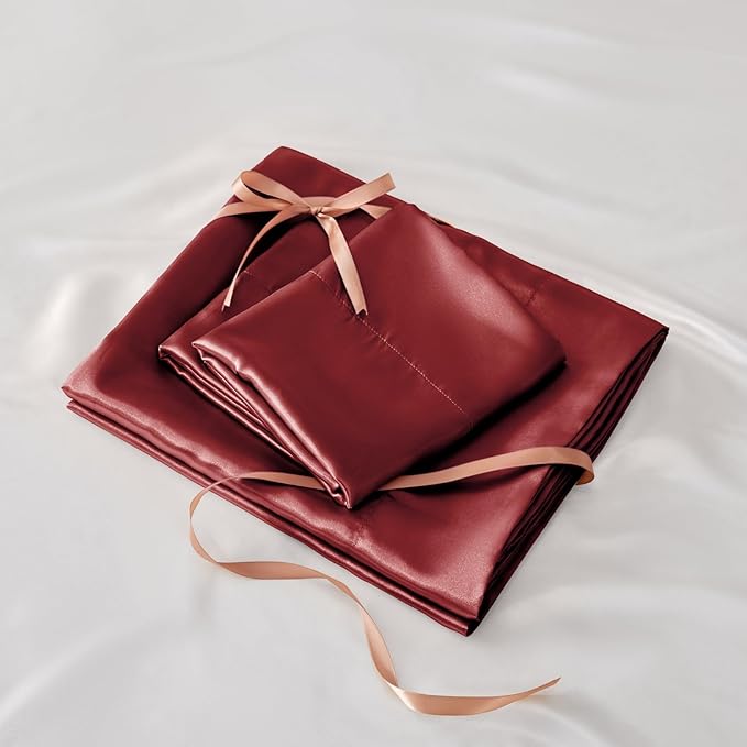 BEDELITE Satin Sheets Twin Size Bed Set, Luxury Soft Burgundy Silky Sheets - Image 7
