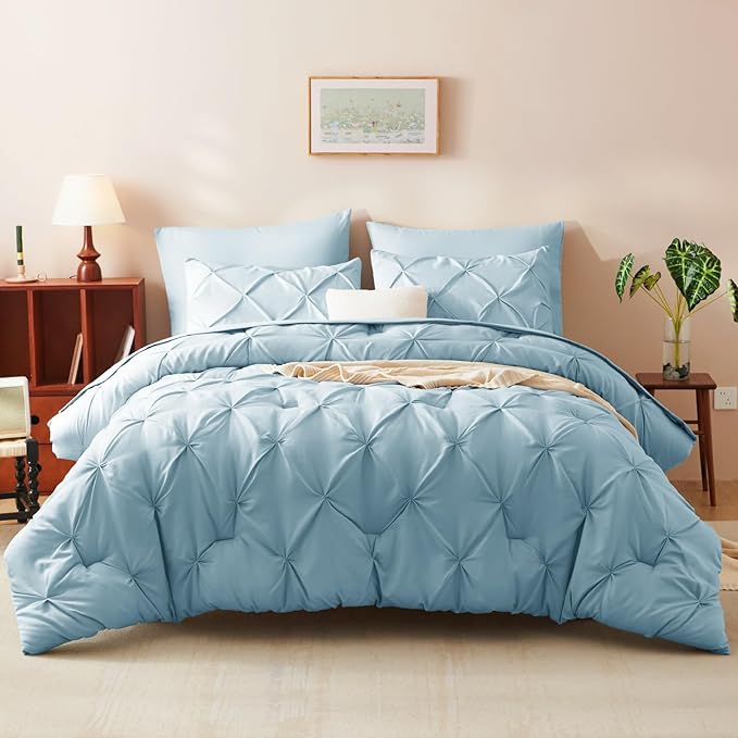 HIMEET Pintuck Bed in a Bag, 7 Pieces Queen Size Comforter Set Light Blue - Image 9