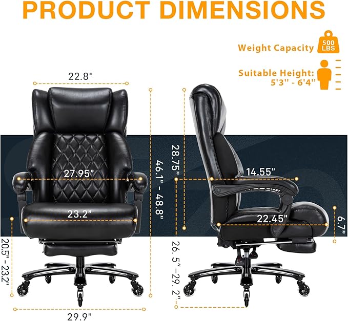 500 LBS Big and Tall Office Chair with Foot Rest High Back Recline Ergonomic Chair for Heavy People, Executive Office Chair Comfortable for Home Office, Large Computer Desk Chair Black-DeskoryOffice