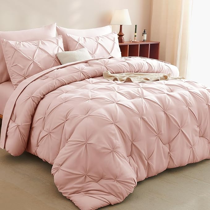 CozyLux Full Size Comforter Sets Peach Pink, 7 Pieces Pintuck Bed in A Bag Pink by CozyLux