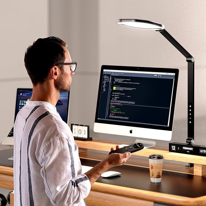 Led Desk Lamps for Home Office, Eye-Care Architect Light with Clamp, Dimmable Zoom Lighting with 3 Color Modes & 10 Brightness, Smart Computer Ring Light for Video Calls, Conference, Reading-DeskoryOffice