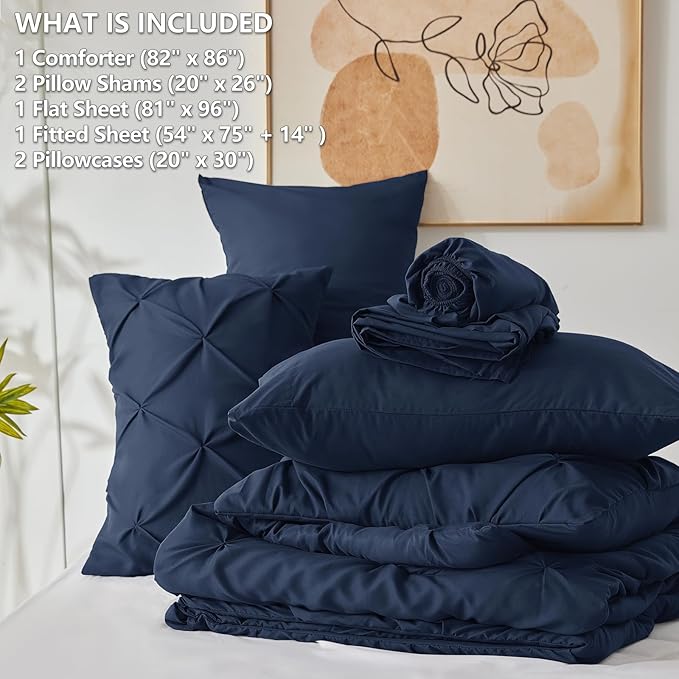 CozyLux Full Size Comforter Sets Navy Blue, 7 Pieces Pintuck Bed in A Bag Blue - Image 7